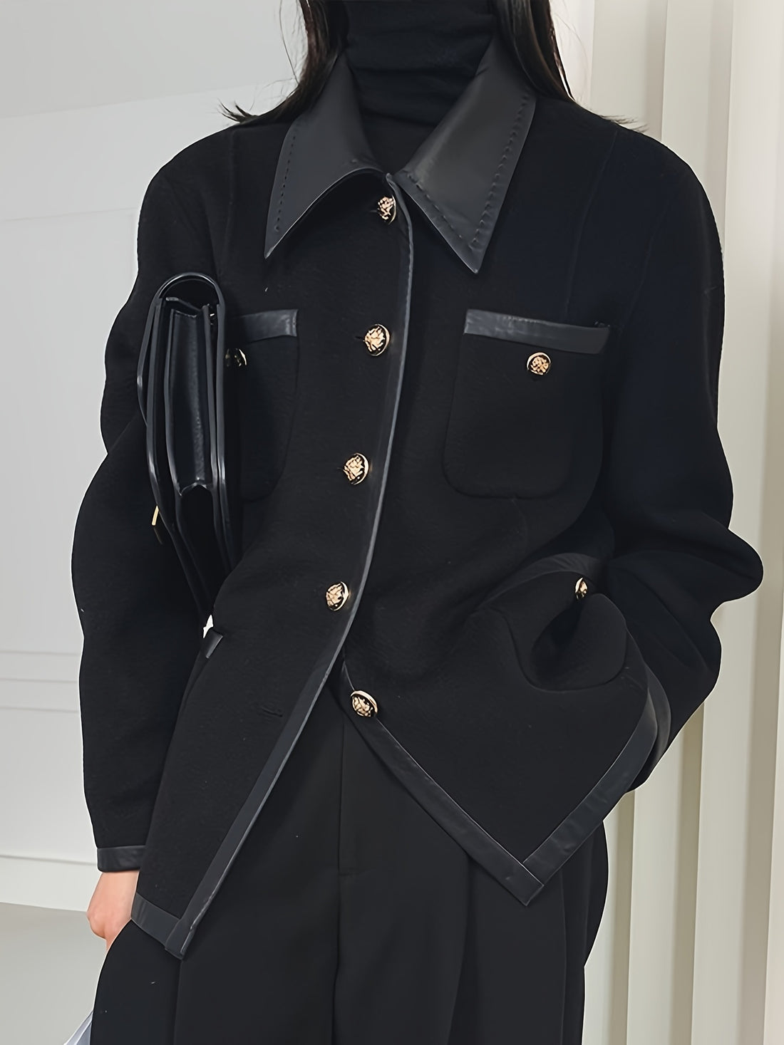 Volunoluxe Women’s Viscose Jacket – Casual Loose Fit Black Jacket with Golden Buttons, Long Sleeves & Pockets for Spring/Fall