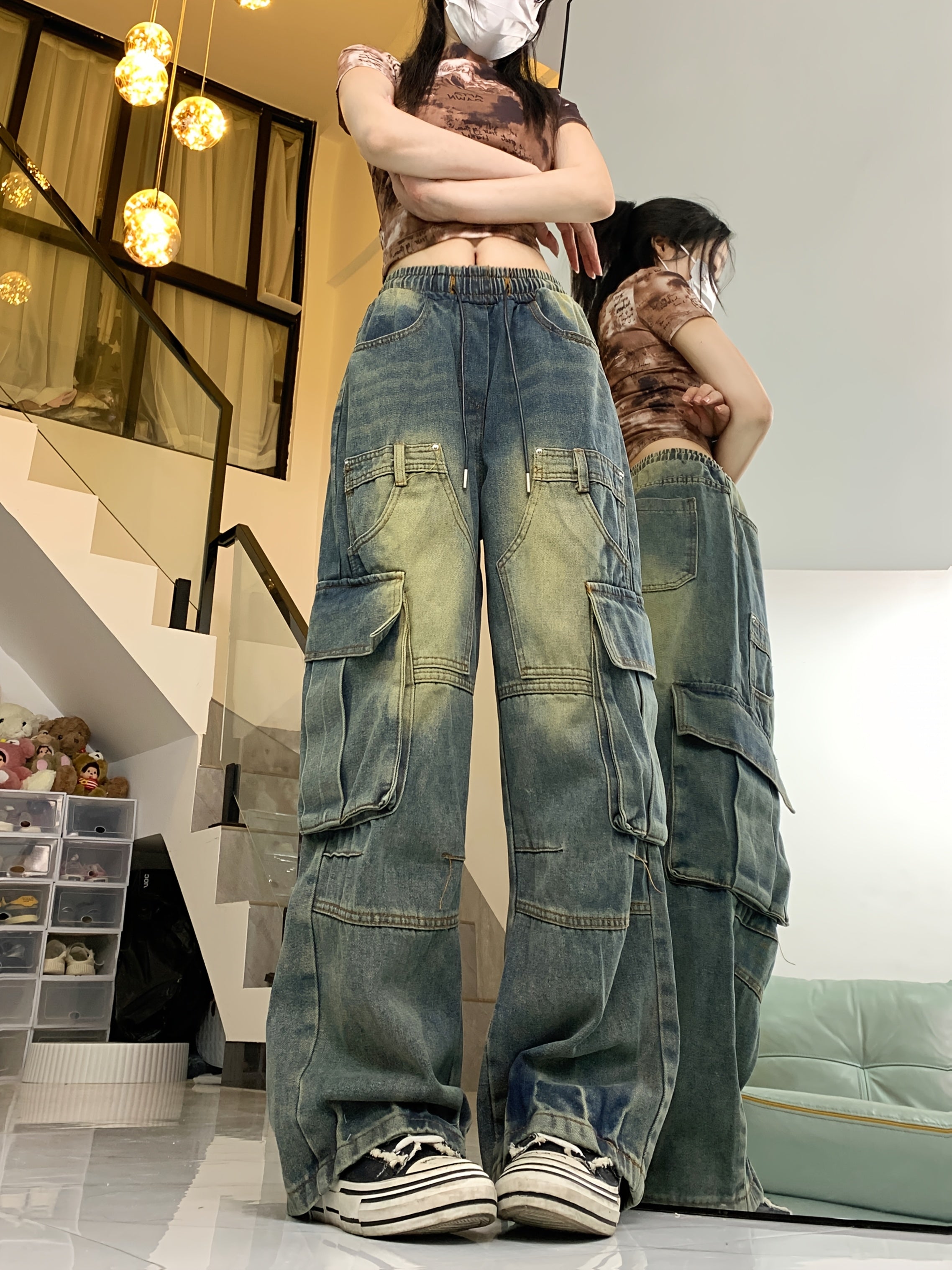 VolunoLuxe Women’s Retro High-Rise Cargo Jeans – Loose Fit Wide-Leg Utility Denim with Multi Pockets, Vintage Blue Cotton Hip-Hop Streetwear Pants