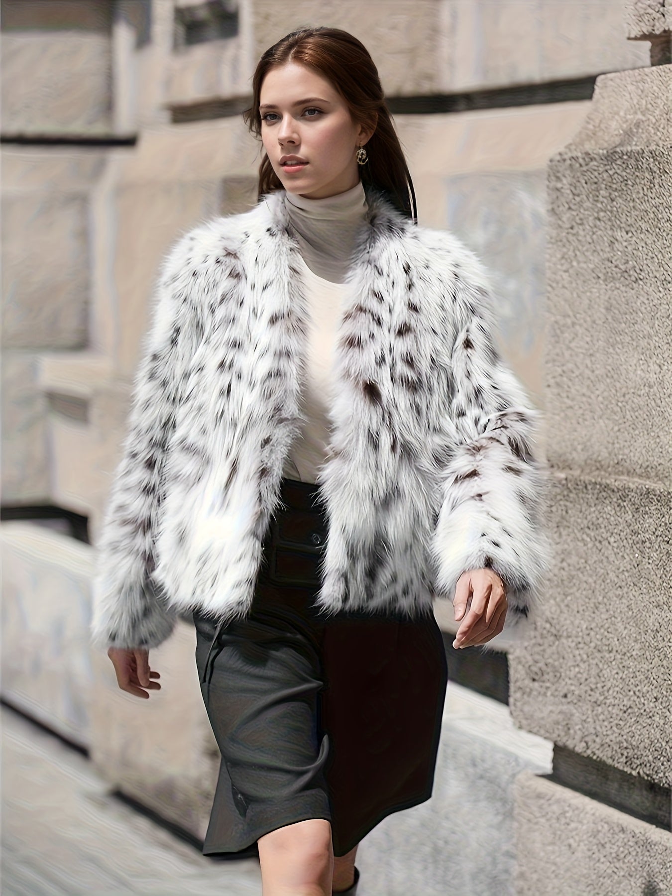 Volunoluxe Women’s Elegant Leopard Print Faux Fur Jacket – Fluffy Long Sleeve Outerwear with Lapel Collar, Cozy Fall/Winter Stylish Coat