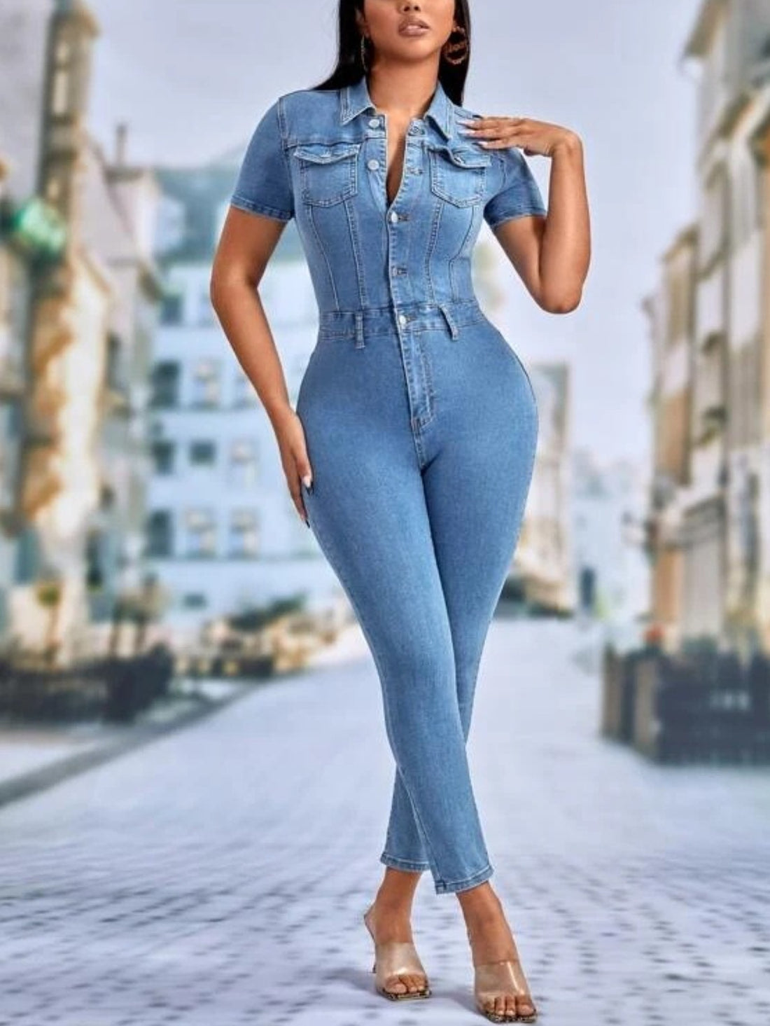 Volunoluxe Women’s Sexy Denim Jumpsuit – Non-Stretch Button-Front Mini-Length Pants, Off-Shoulder Neckline for Casual & Party Wear