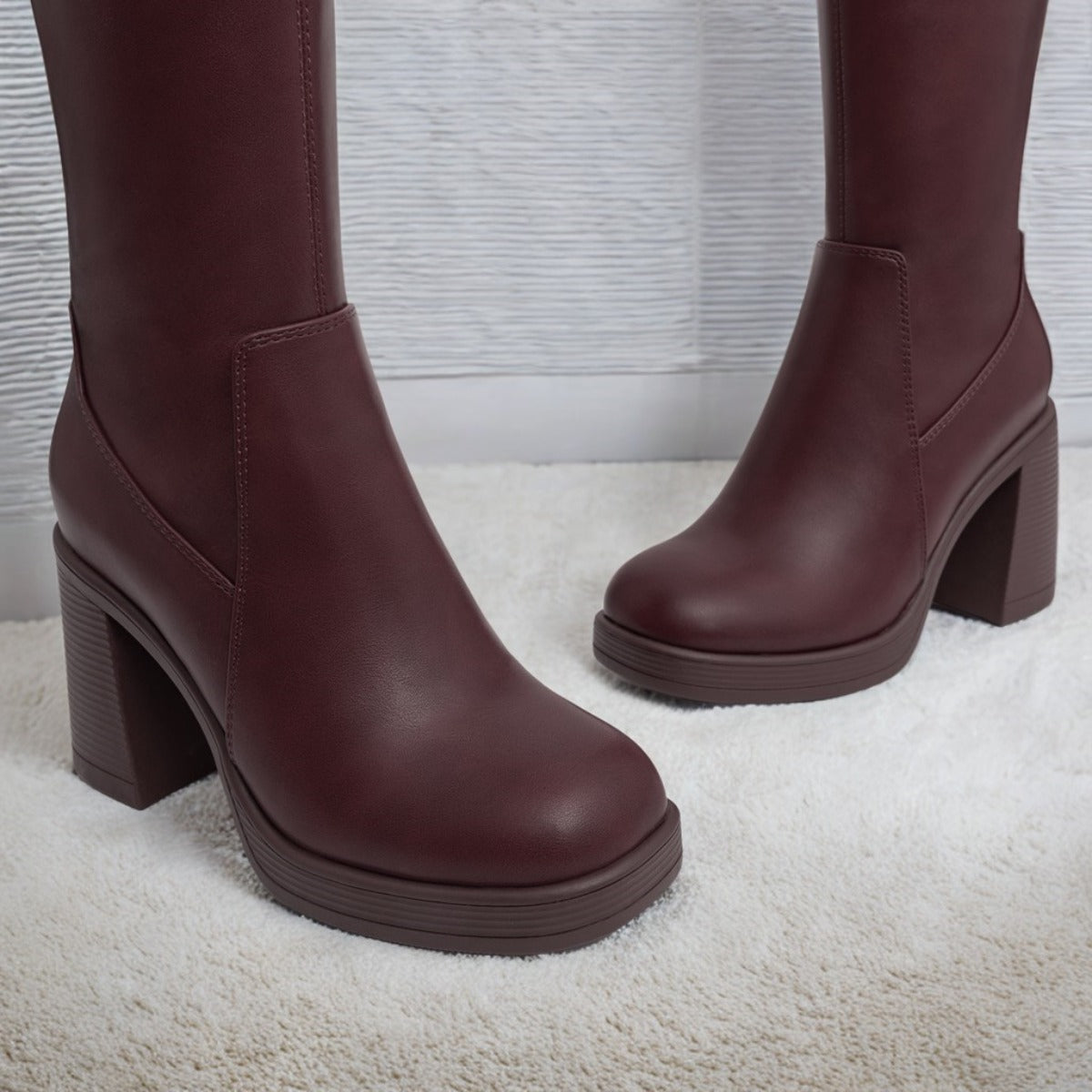 Volunoluxe Women’s 2025 Elastic PU Knee-High Boots – Chunky Low Block Heel, Square Toe, Full-Zipper, Slip TPR Sole for All-Season Casual & Formal Wear
