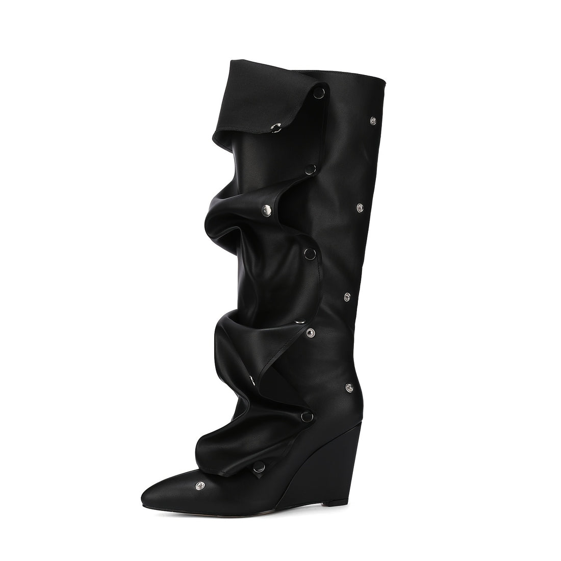 Volunoluxe Women’s Trendy Knee-High Boots – Futuristic Design with Ruched Shaft, Studded Buckle, Wedge Heel for All-Day Comfort