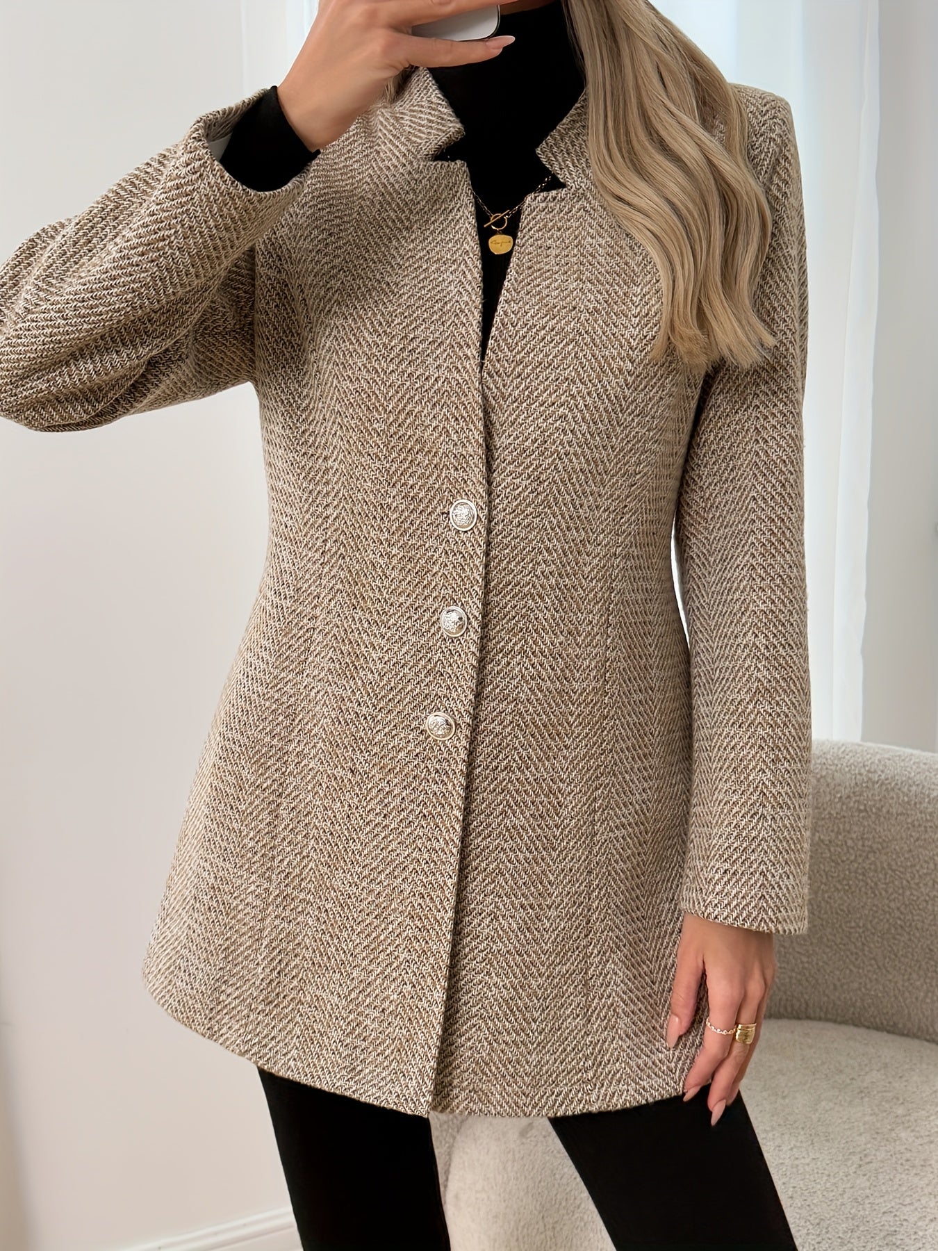 Volunoluxe Women’s Tweed Coat – Elegant Beige H-Silhouette Long Sleeve Winter Jacket for Office, Parties & Casual Wear, Non-Stretch Tailored Fit