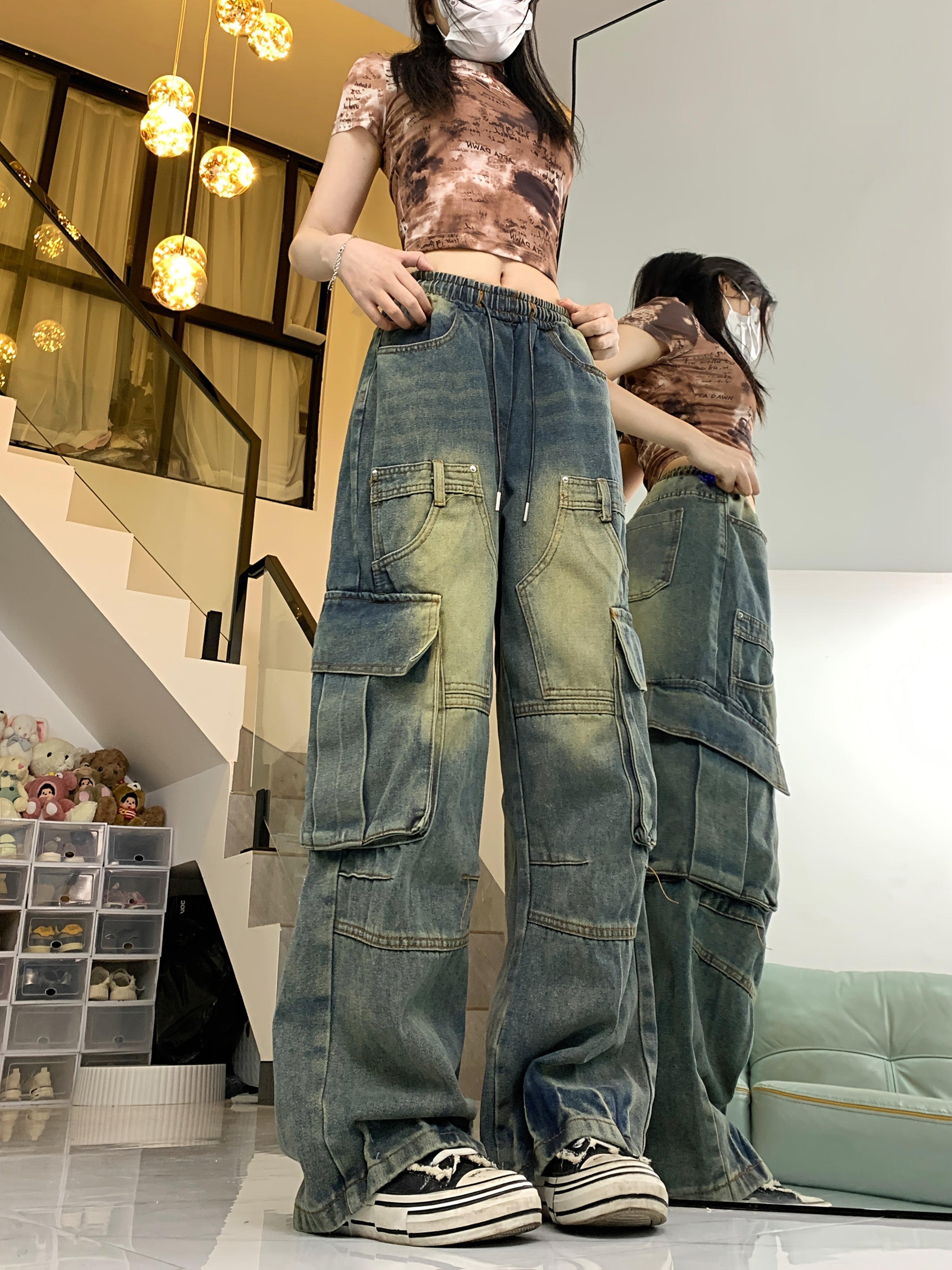 VolunoLuxe Women’s Retro High-Rise Cargo Jeans – Loose Fit Wide-Leg Utility Denim with Multi Pockets, Vintage Blue Cotton Hip-Hop Streetwear Pants