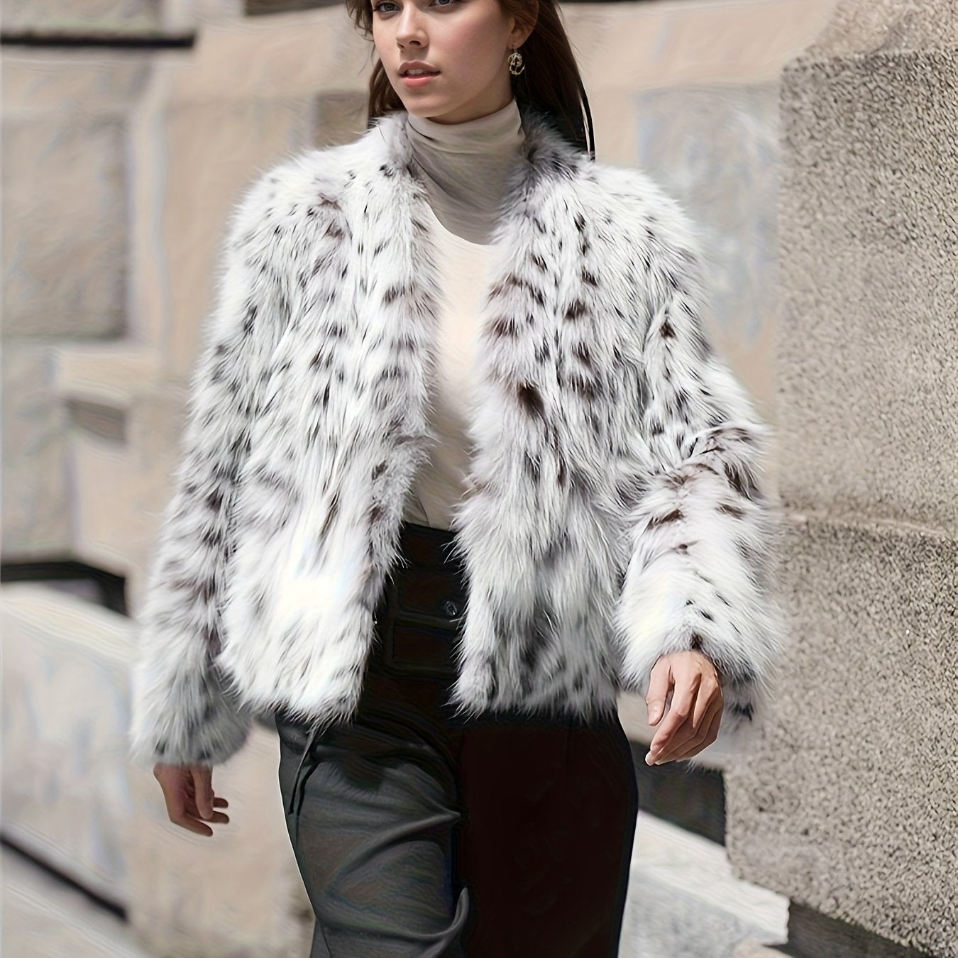 Volunoluxe Women’s Elegant Leopard Print Faux Fur Jacket – Fluffy Long Sleeve Outerwear with Lapel Collar, Cozy Fall/Winter Stylish Coat