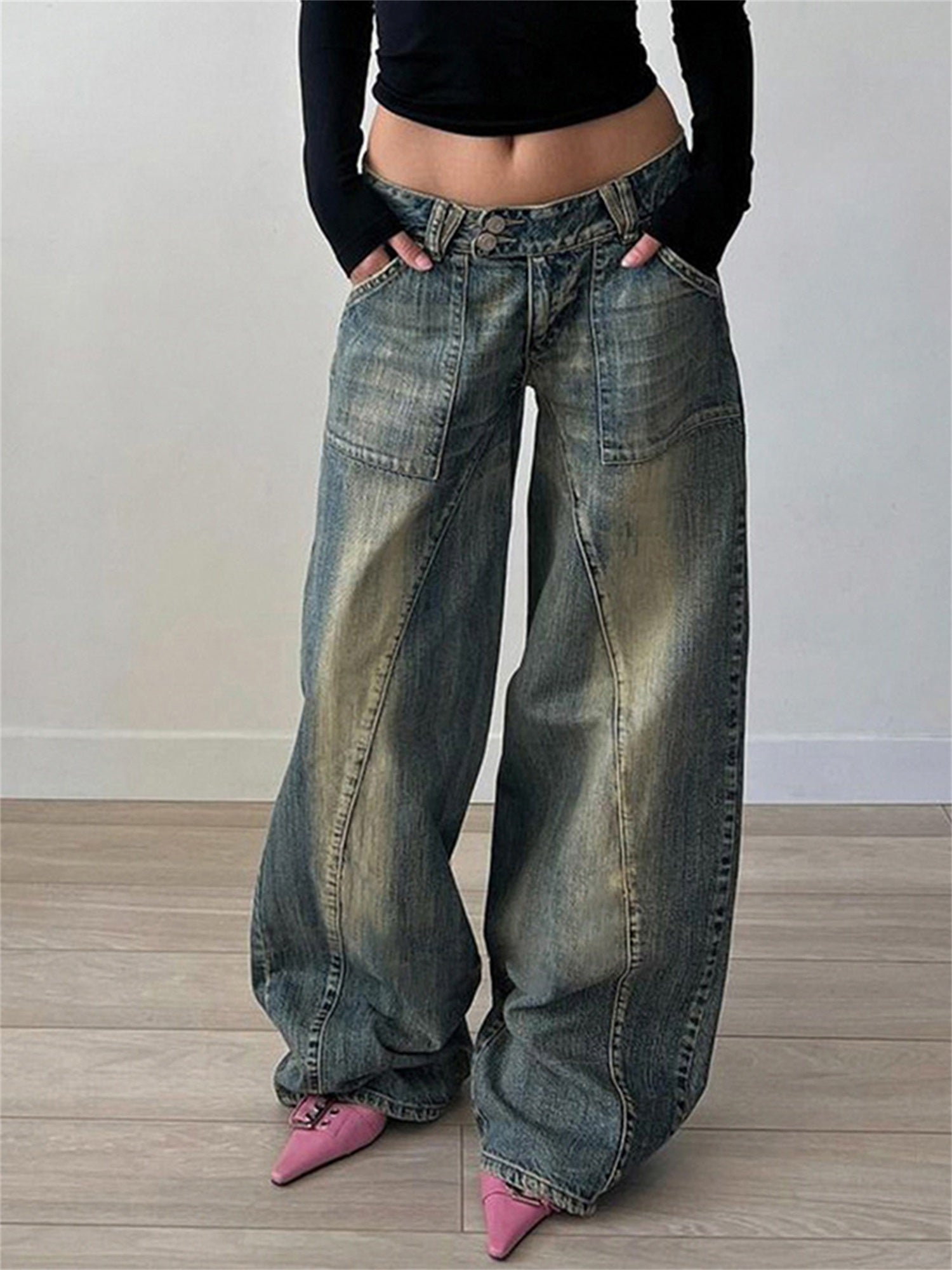 Volunoluxe Women’s Retro Washed Denim Jeans – Low-Waist Loose Casual Pants with Pockets