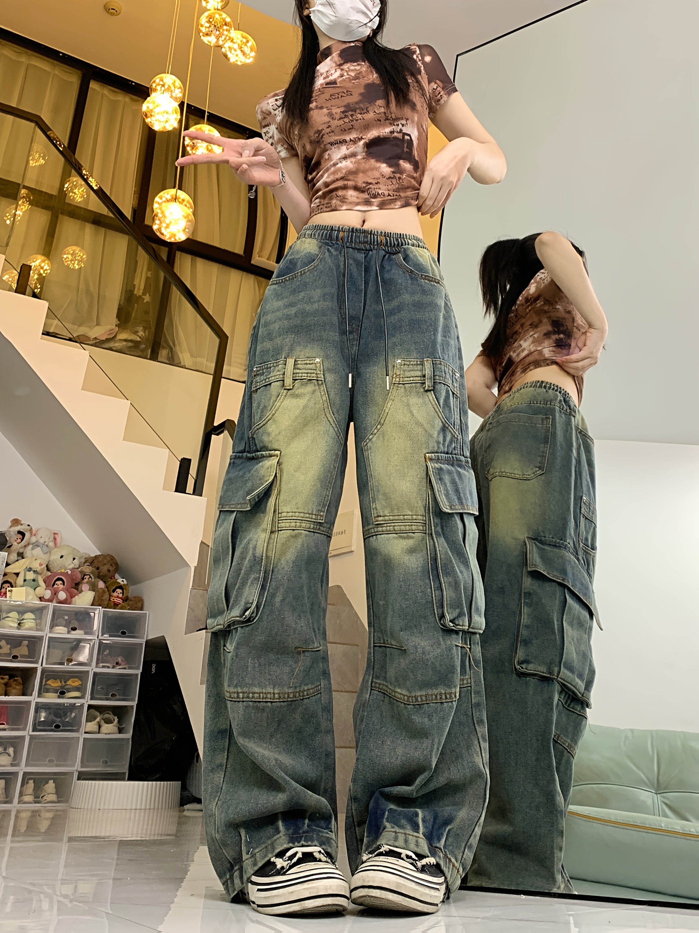 VolunoLuxe Women’s Retro High-Rise Cargo Jeans – Loose Fit Wide-Leg Utility Denim with Multi Pockets, Vintage Blue Cotton Hip-Hop Streetwear Pants