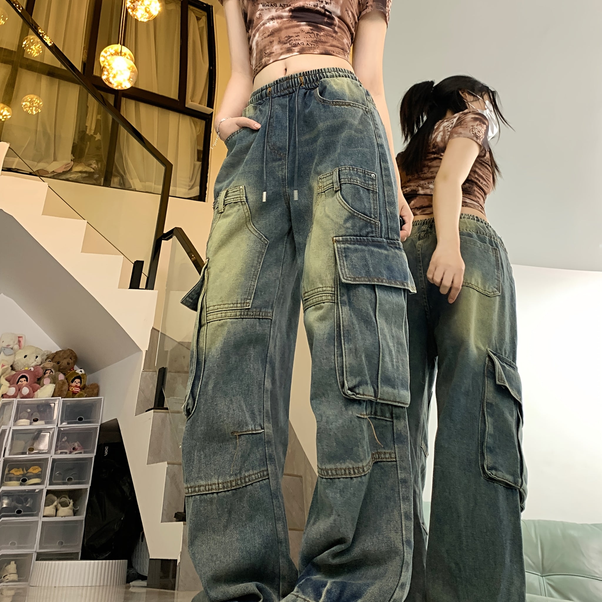 VolunoLuxe Women’s Retro High-Rise Cargo Jeans – Loose Fit Wide-Leg Utility Denim with Multi Pockets, Vintage Blue Cotton Hip-Hop Streetwear Pants