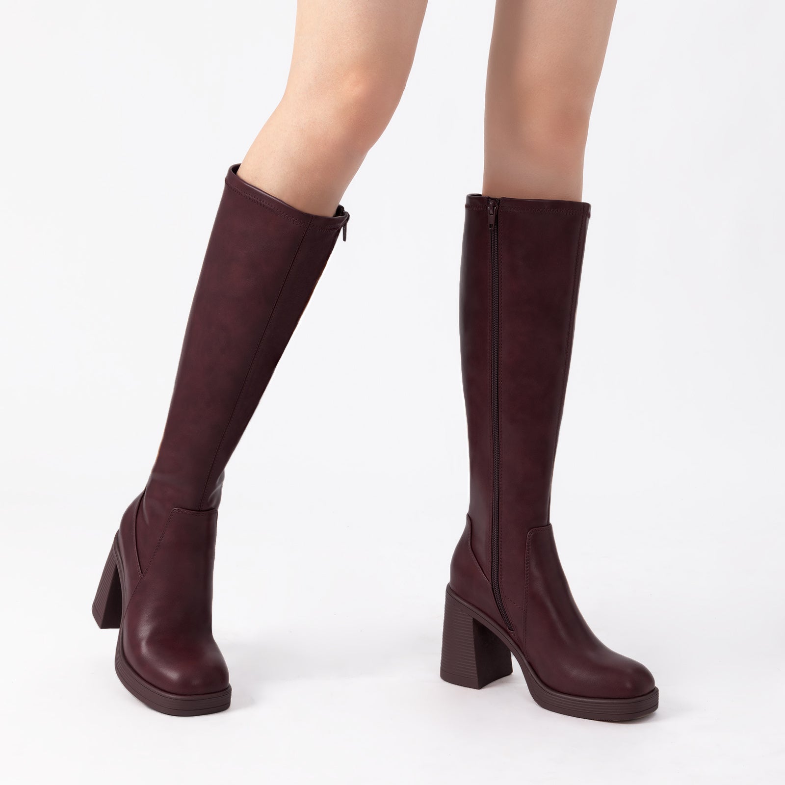Volunoluxe Women’s 2025 Elastic PU Knee-High Boots – Chunky Low Block Heel, Square Toe, Full-Zipper, Slip TPR Sole for All-Season Casual & Formal Wear