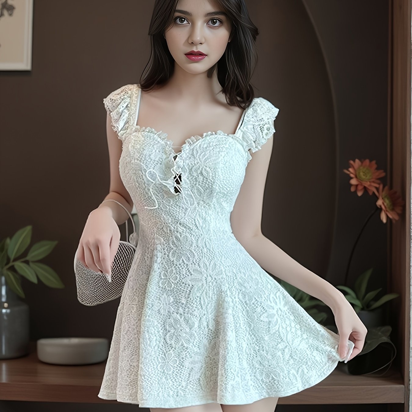 VolunoLuxe Sexy Lace Mini Dress – Elegant V-Neck A-Line with Ruffled Sleeves