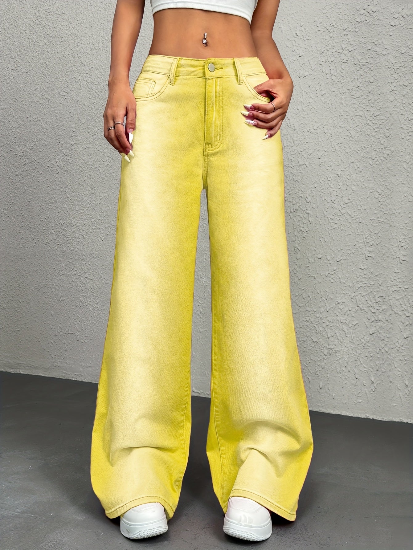VolunoLuxe Women’s Vibrant Yellow Gradient Y2K Jeans – Relaxed Fit Straight-Leg Streetwear Denim with Slant Pockets, Machine Washable for All-Season Casual Wear