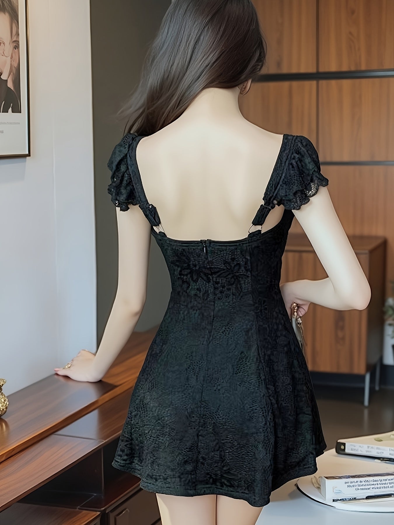 VolunoLuxe Sexy Lace Mini Dress – Elegant V-Neck A-Line with Ruffled Sleeves