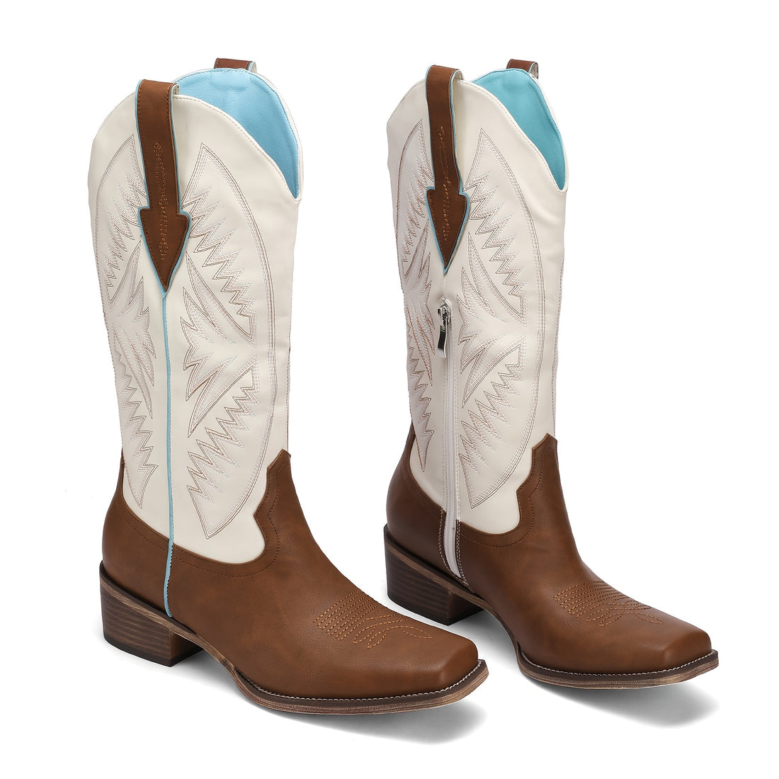Volunoluxe Women’s Elegant Knee-High Western Cowboy Boots – Wide Calf, Brown with White Embroidery, Square Toe & Chunky Heel, Side Zip Closure