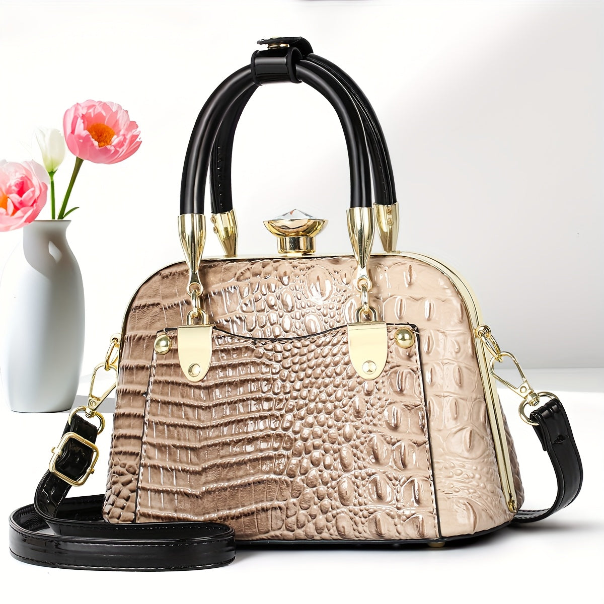 VolunoLuxe Shell Bag – 2025 Shiny Crocodile-Pattern Leather Crossbody Handbag