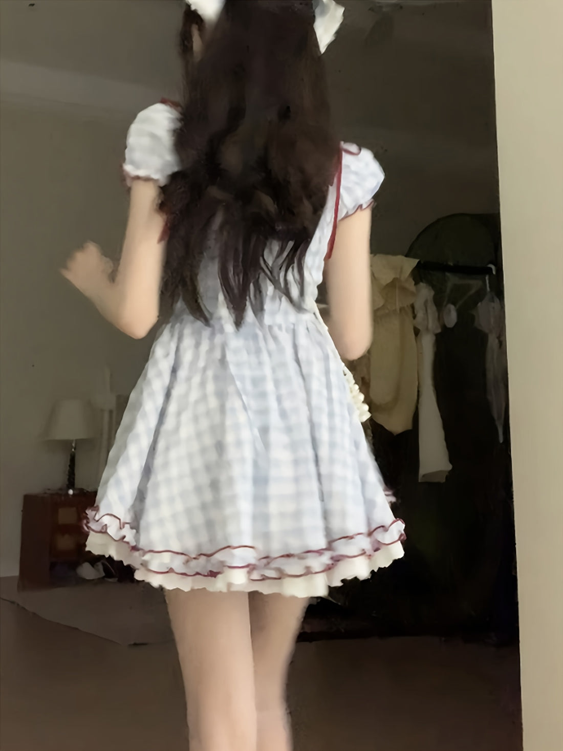 VolunoLuxe Elegant Monet Mini Dress – French Countryside Blue & White Checkered Style