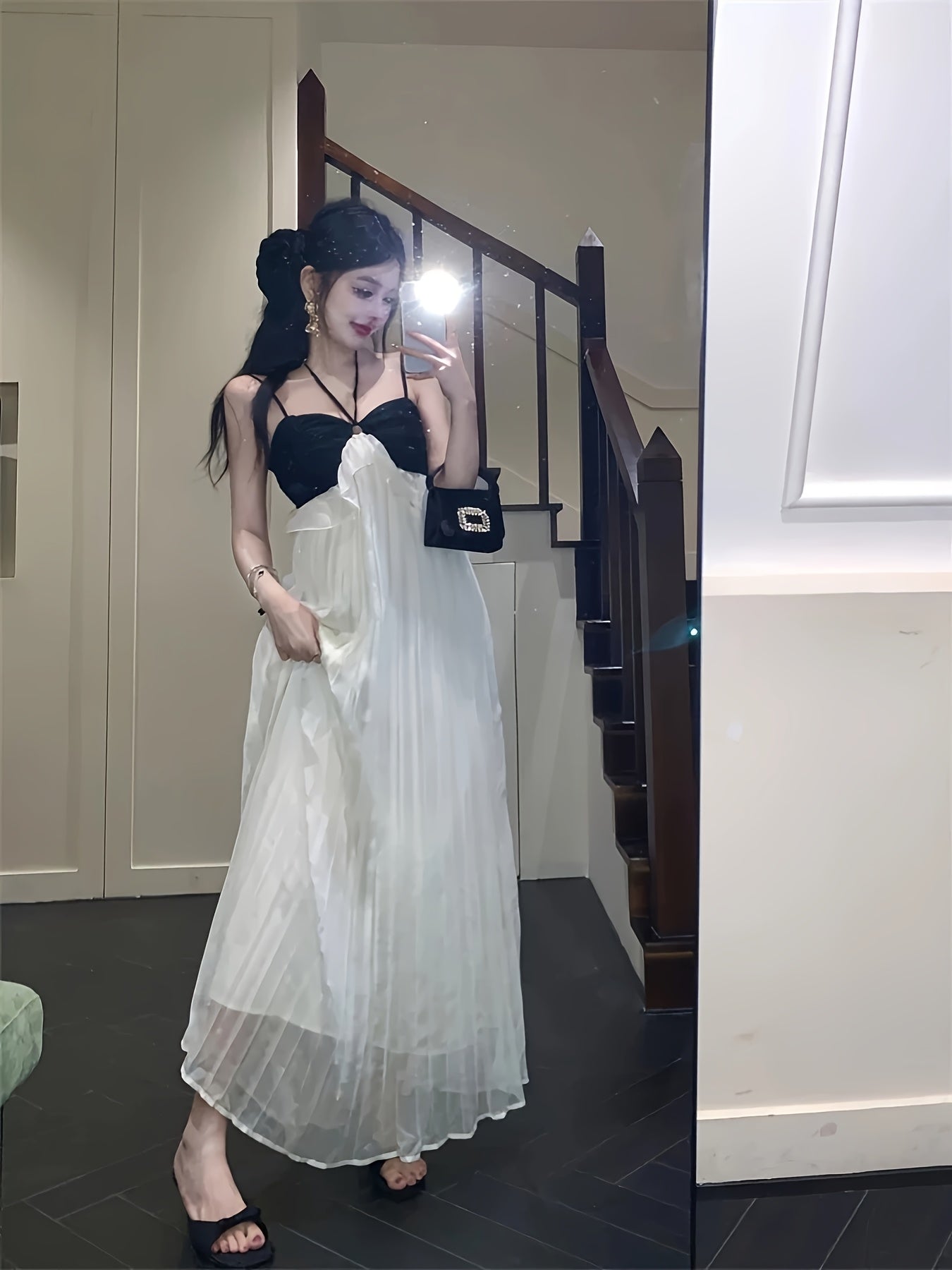 VolunoLuxe French-Inspired Maxi Dress – Elegant Color Block Off-Shoulder High-Low Gown