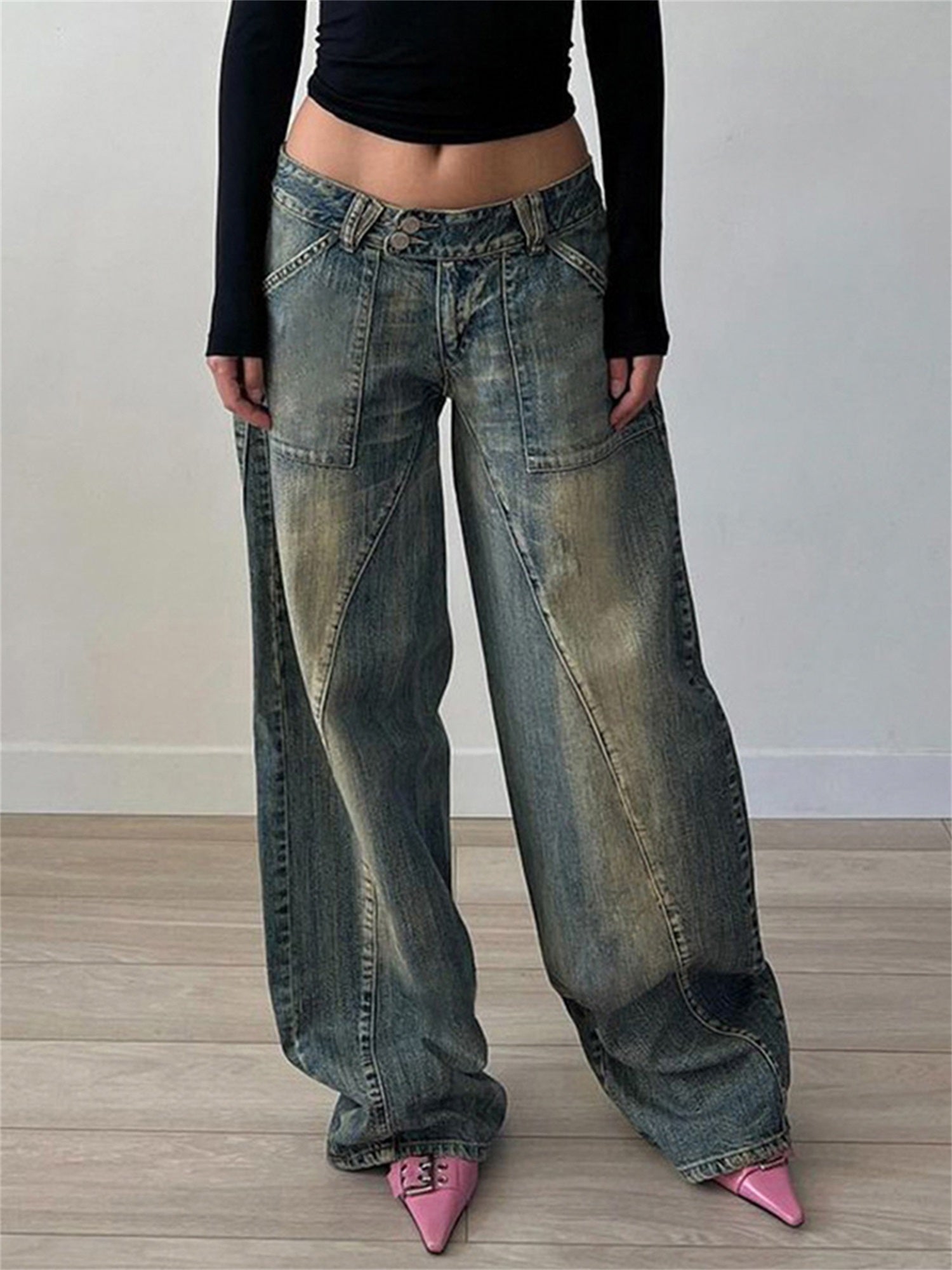 Volunoluxe Women’s Retro Washed Denim Jeans – Low-Waist Loose Casual Pants with Pockets